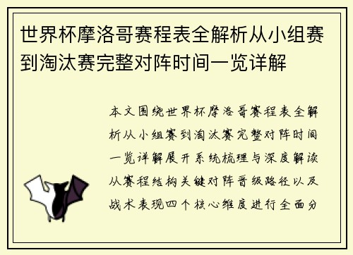 世界杯摩洛哥赛程表全解析从小组赛到淘汰赛完整对阵时间一览详解